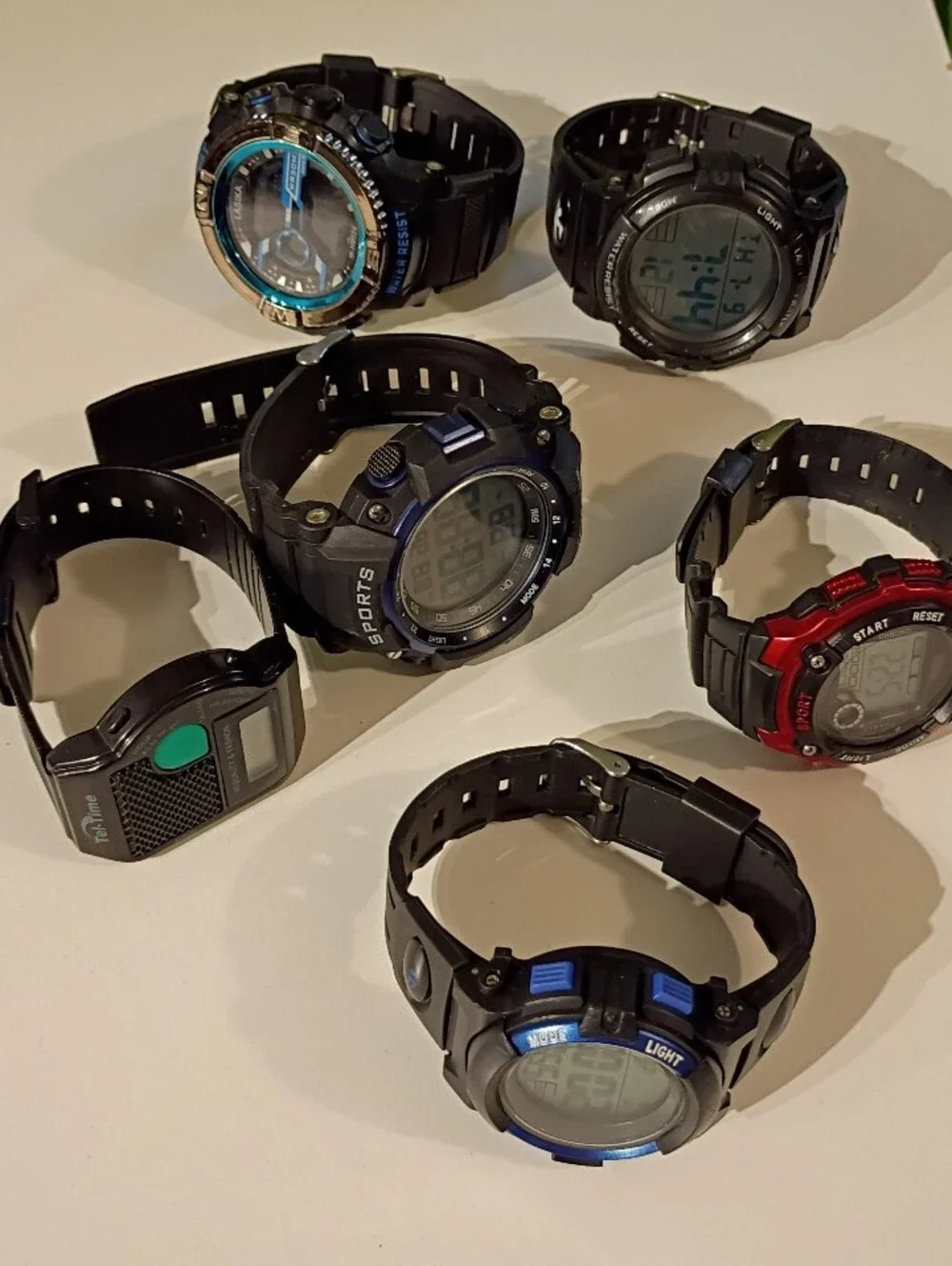 Three Black Digital Sport Watches with Blue Accents 6 Pcs